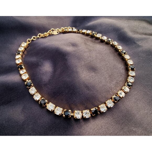 Vintage TRIFARI Clear and Black Rhinestones Gold Tone Choker Necklace - Picture 1 of 5